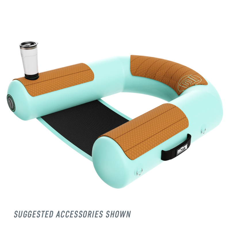 Front angled view of the Inflatable Hangout Sling Chair Classic with drink