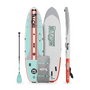 Top, side, and bottom view of the Breeze Aero 10'6" Full Trax Bloom Inflatable Paddle Board with bag and paddle