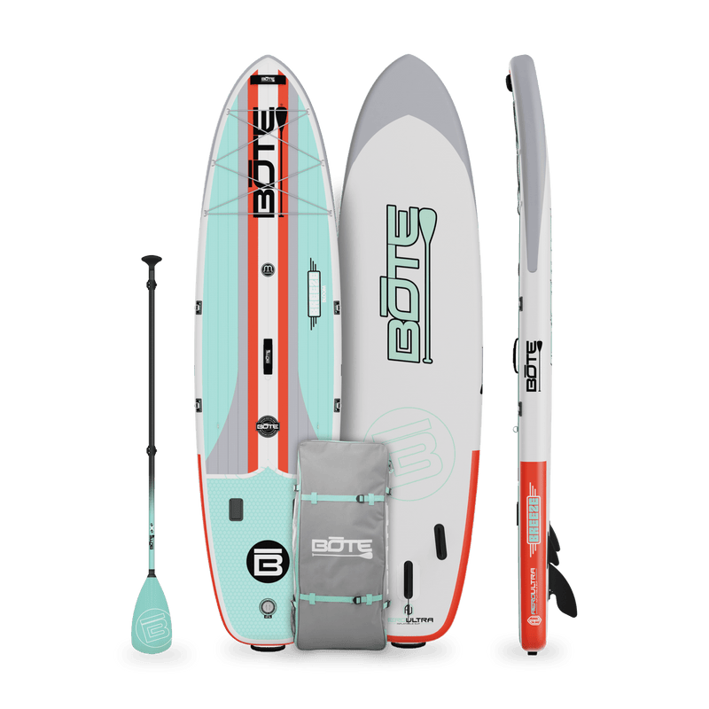 Top, side, and bottom view of the Breeze Aero 10'6" Full Trax Bloom Inflatable Paddle Board with bag and paddle