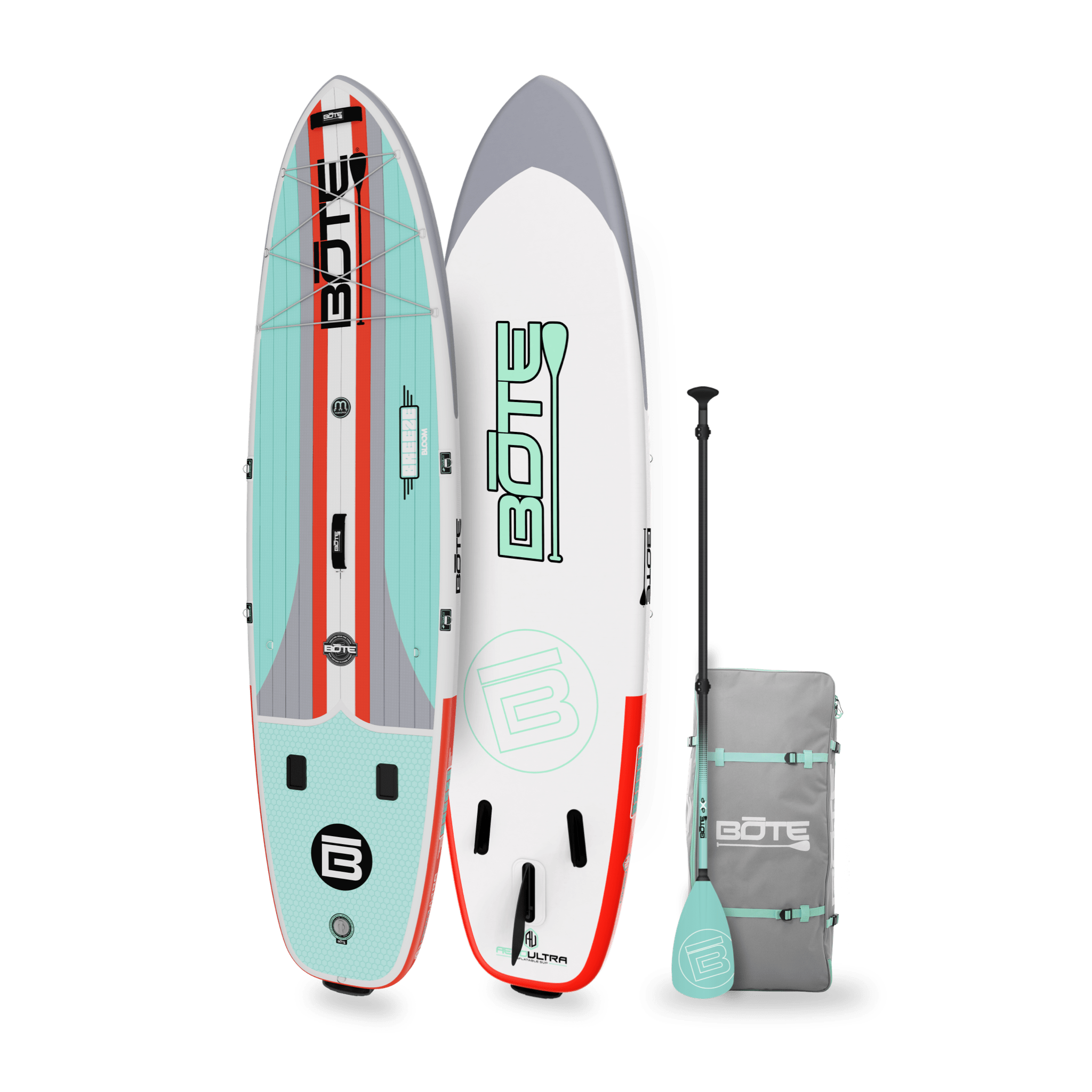 Angled top and bottom view of the Breeze Aero 10'6" Full Trax Bloom Inflatable Paddle Board with bag and paddle