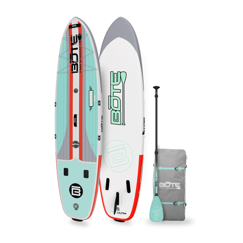 Angled top and bottom view of the Breeze Aero 10'6" Full Trax Bloom Inflatable Paddle Board with bag and paddle