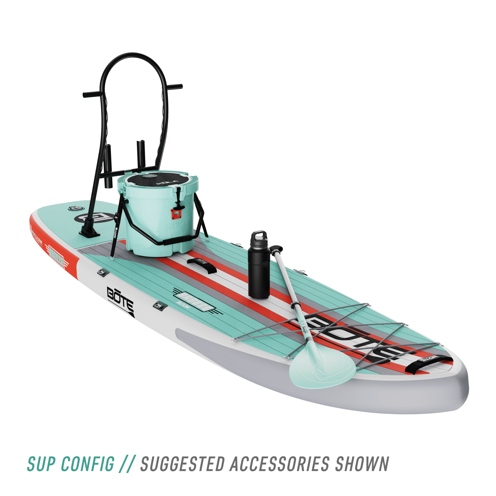 Front angled view of the Breeze Aero 10'6" Full Trax Bloom Inflatable Paddle Board with suggested accessories