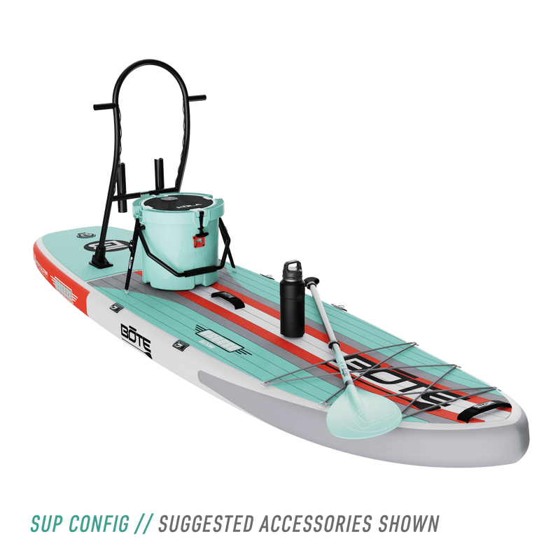 Front angled view of the Breeze Aero 10'6" Full Trax Bloom Inflatable Paddle Board with suggested accessories