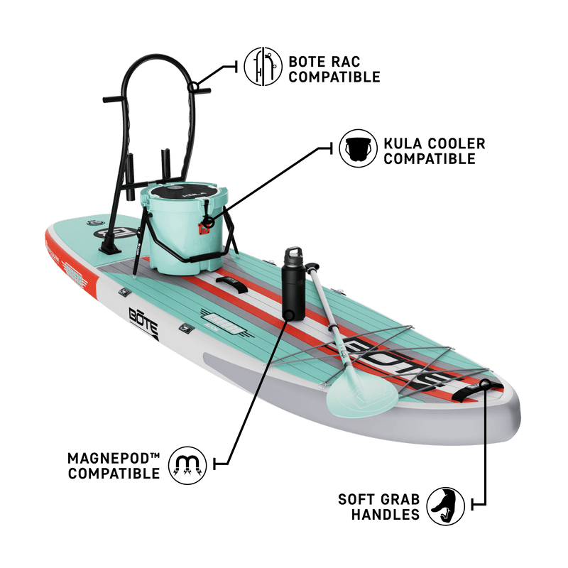 Front angled view of the Breeze Aero 10'6" Full Trax Bloom Inflatable Paddle Board with suggested accessories