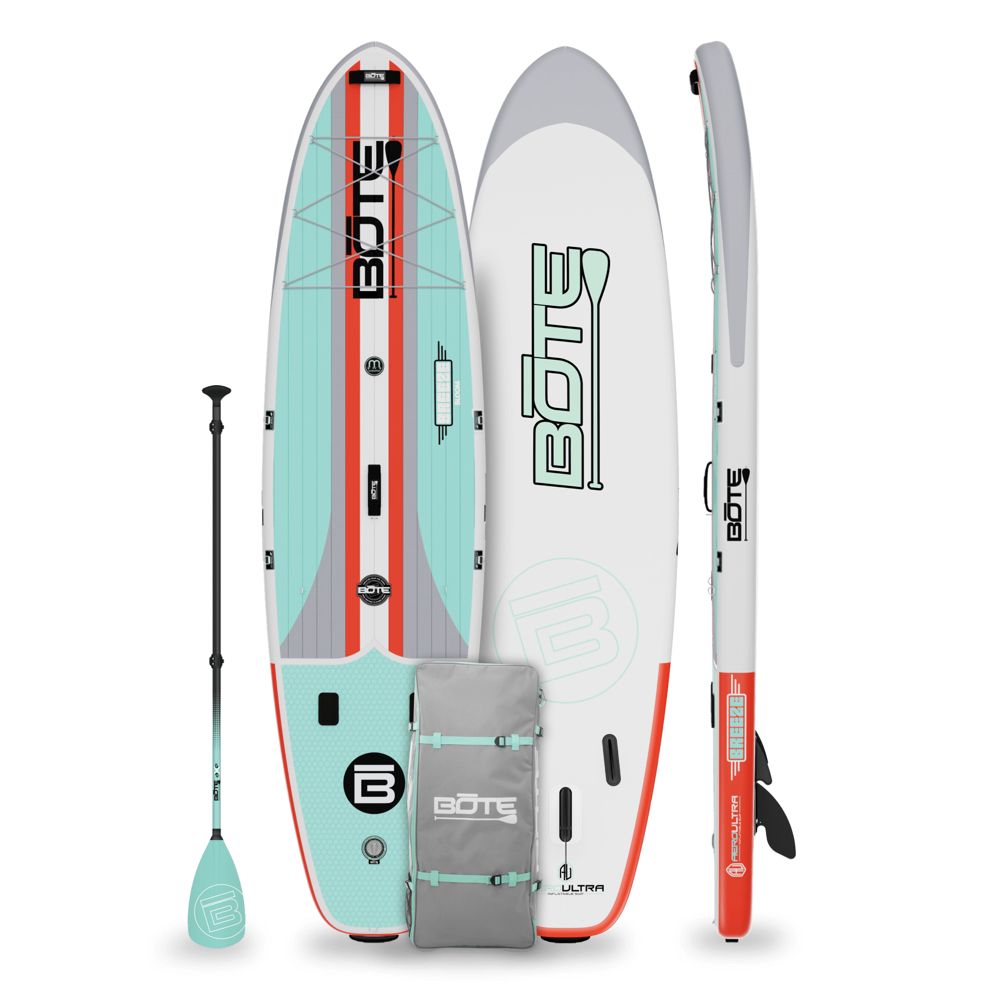 Top, side, and bottom view of the Breeze Aero 11'6" Full Trax Bloom Inflatable Paddle Board with bag and paddle