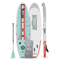 Top, side, and bottom view of the Breeze Aero 11'6" Full Trax Bloom Inflatable Paddle Board with bag and paddle