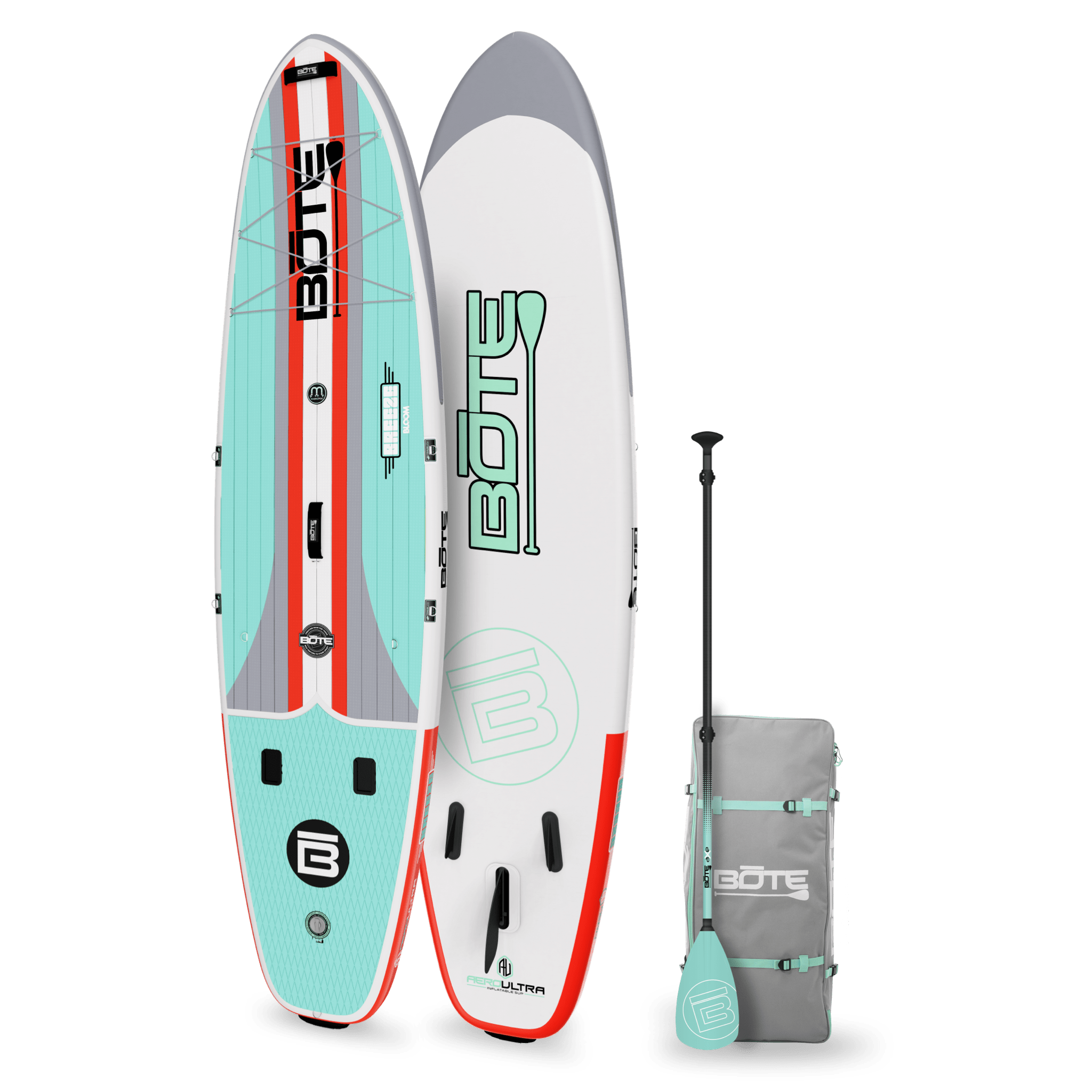 Angled top and bottom view of the Breeze Aero 11'6" Full Trax Bloom Inflatable Paddle Board with bag and paddle