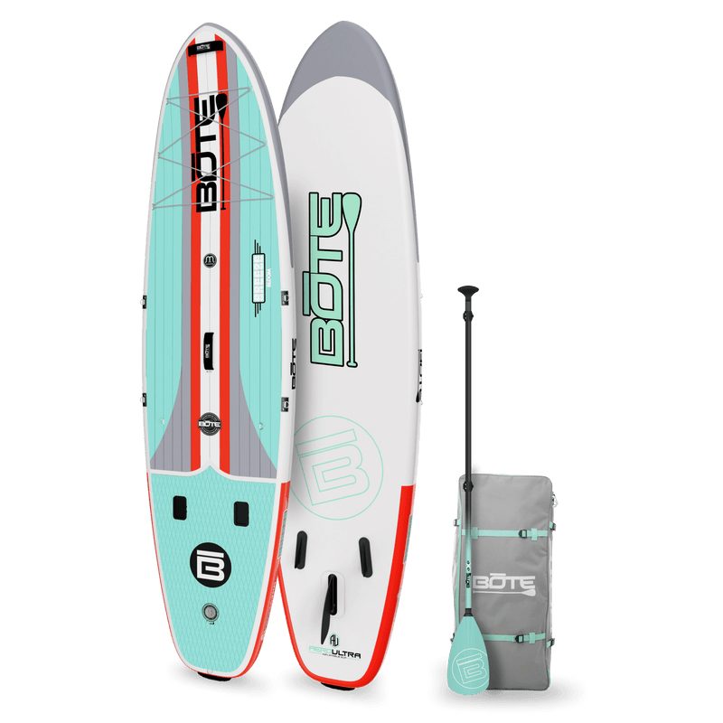 Angled top and bottom view of the Breeze Aero 11'6" Full Trax Bloom Inflatable Paddle Board with bag and paddle