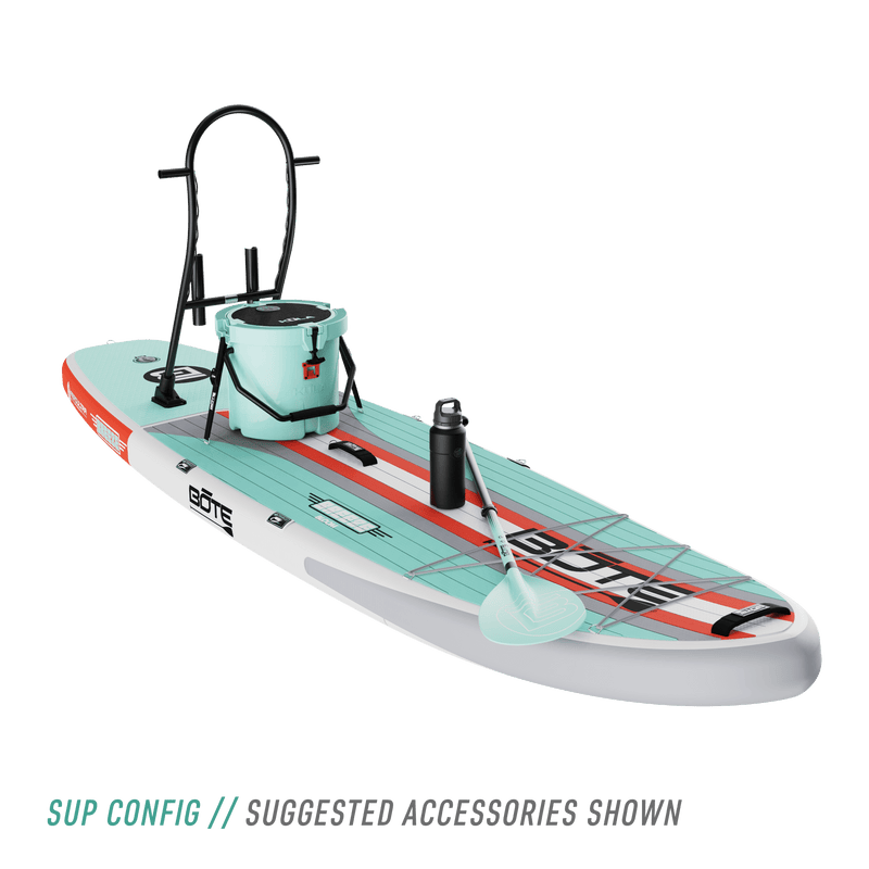 Front angled view of the Breeze Aero 11'6" Full Trax Bloom Inflatable Paddle Board with suggested accessories