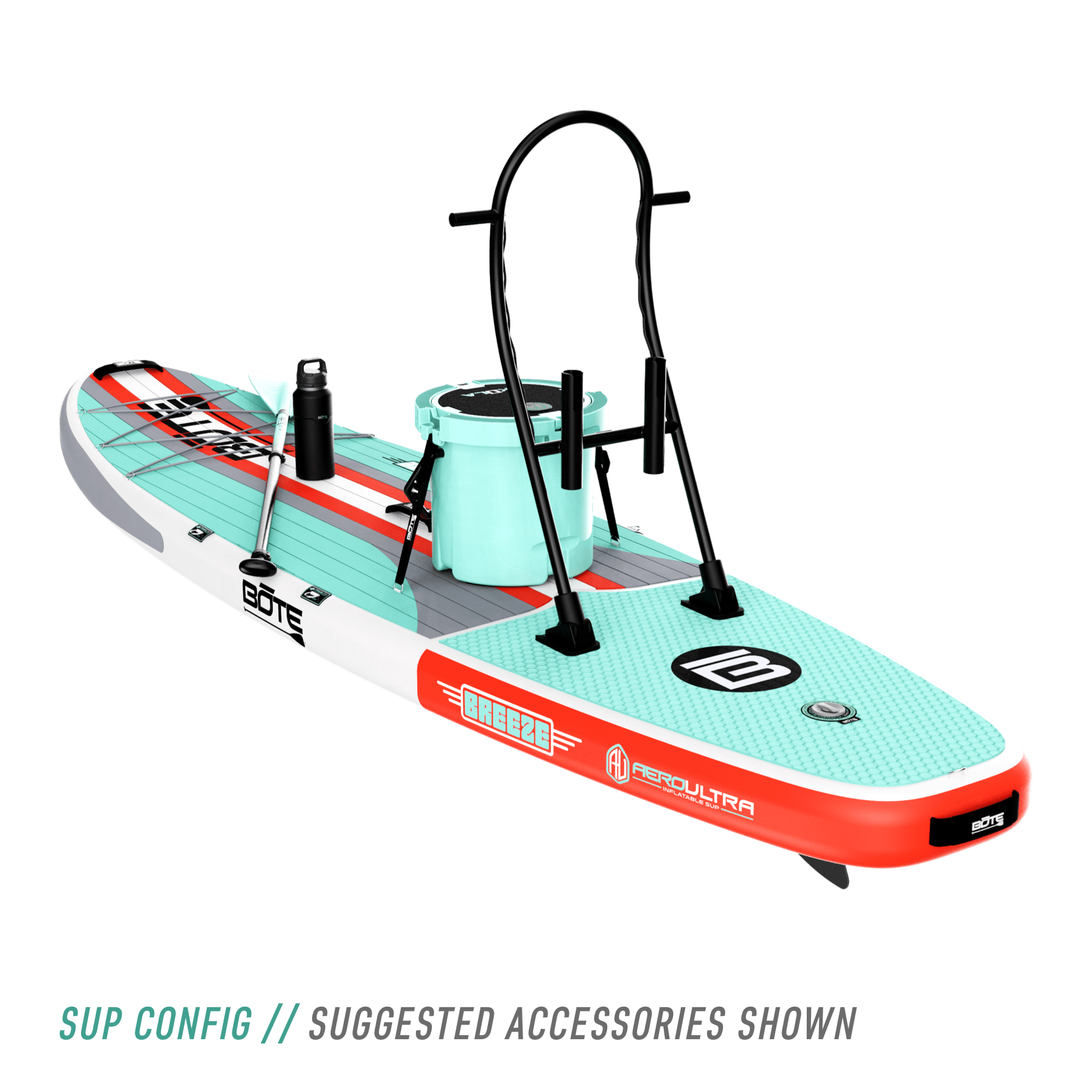 Rear angled view of the Breeze Aero 11'6" Full Trax Bloom Inflatable Paddle Board with suggested accessories