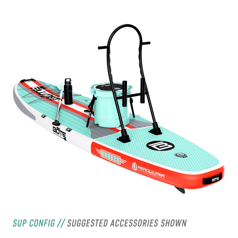 Rear angled view of the Breeze Aero 11'6" Full Trax Bloom Inflatable Paddle Board with suggested accessories