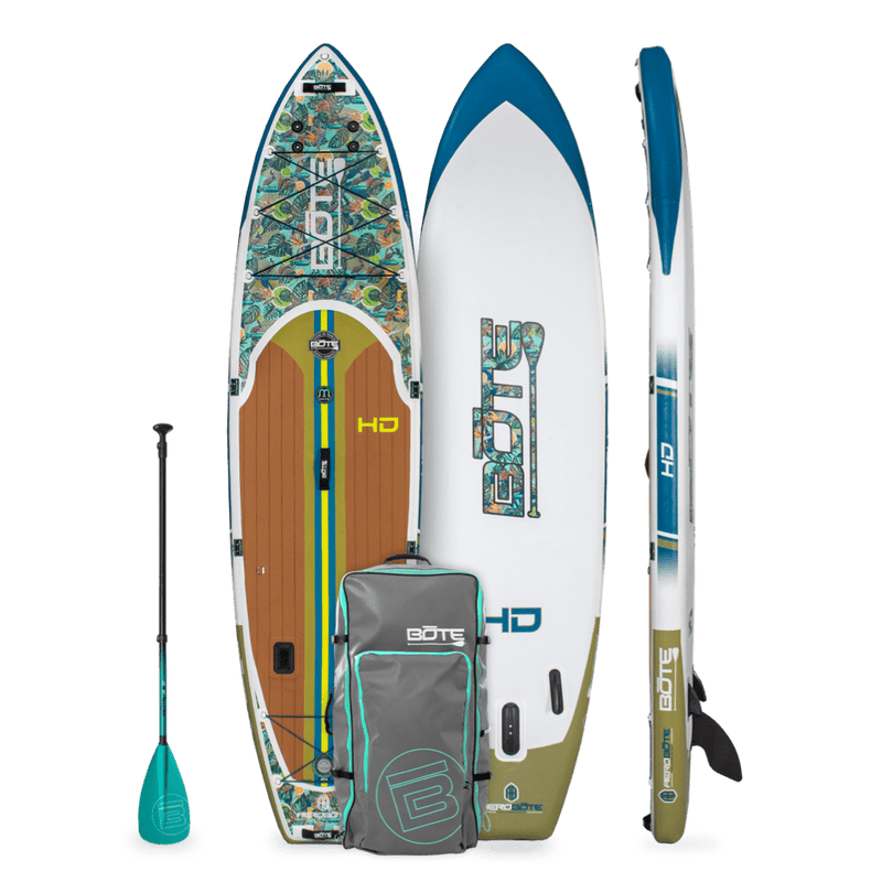 Top, side, and bottom view of the HD Aero 11′6″ Native Bombardier Inflatable Paddle Board with bag and paddle