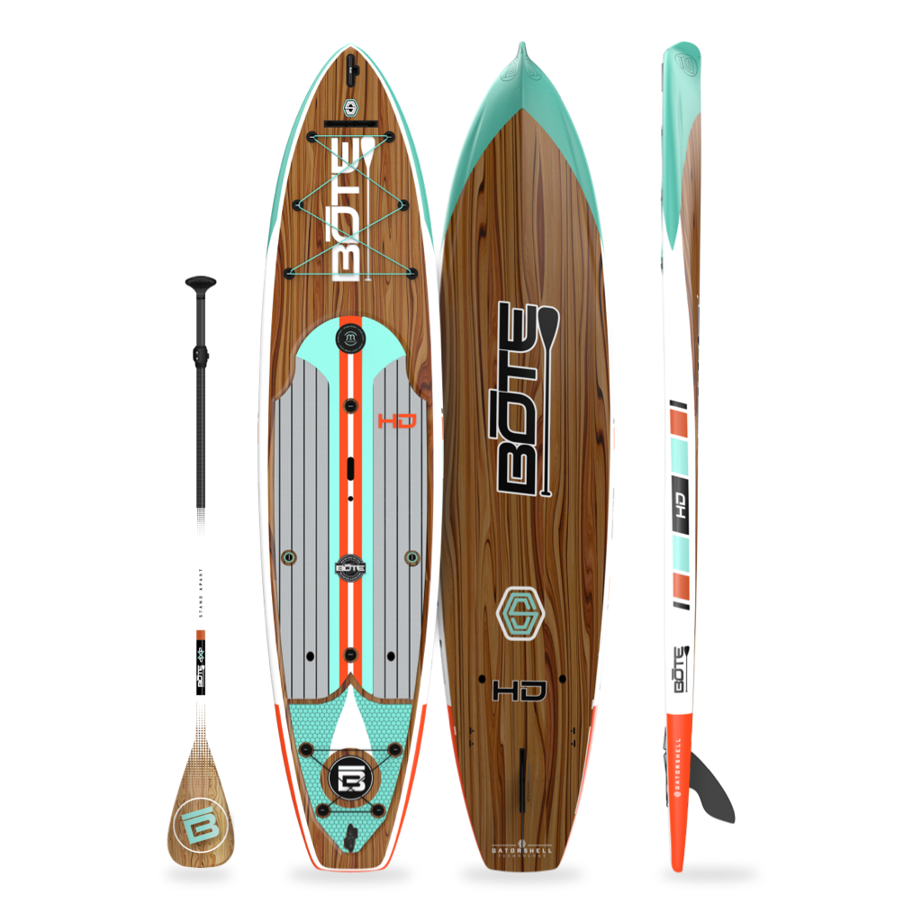 Top, side, and bottom view of the HD 12′ Classic Mangrove Paddle Board with paddle