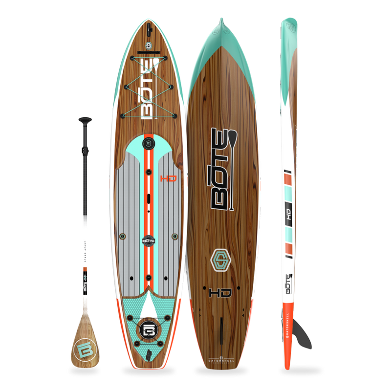 Top, side, and bottom view of the HD 12′ Classic Mangrove Paddle Board with paddle