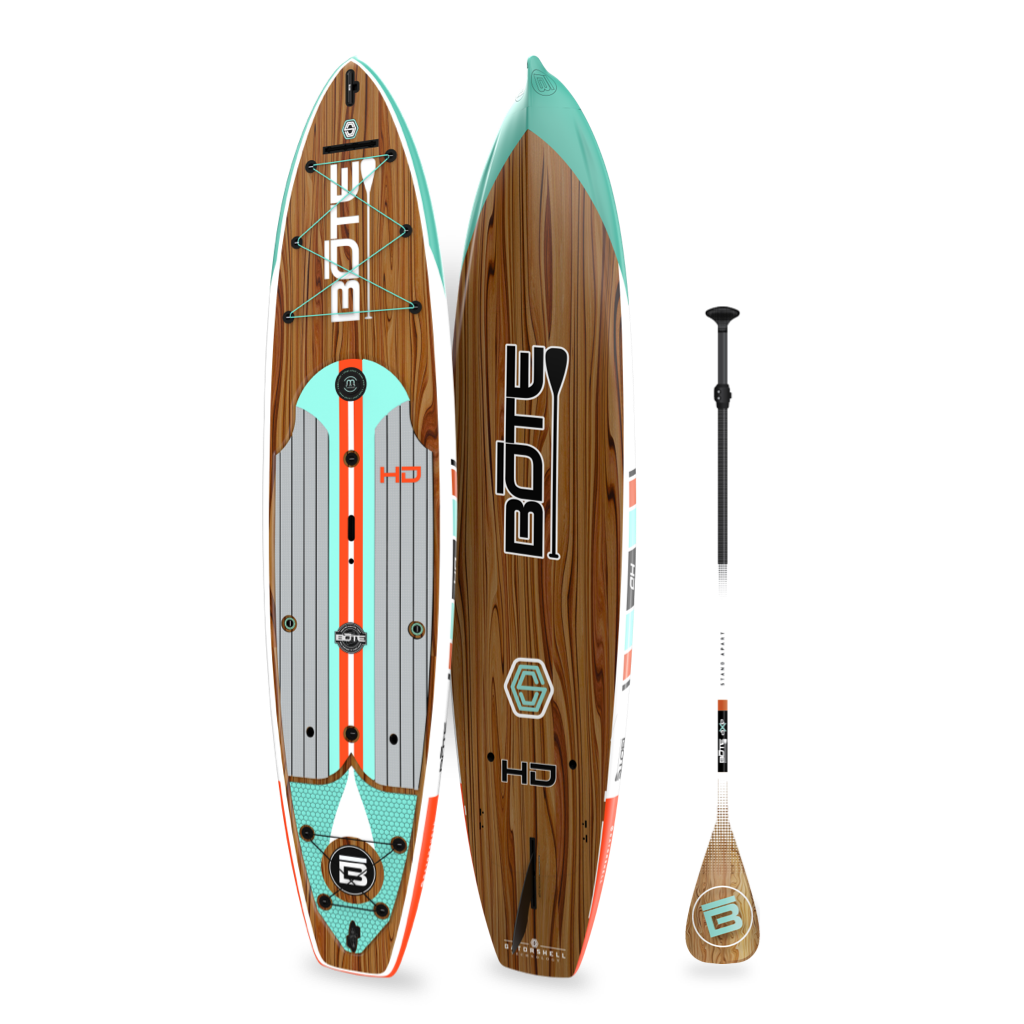 Angled top and bottom view of the HD 12′ Classic Mangrove Paddle Board with paddle