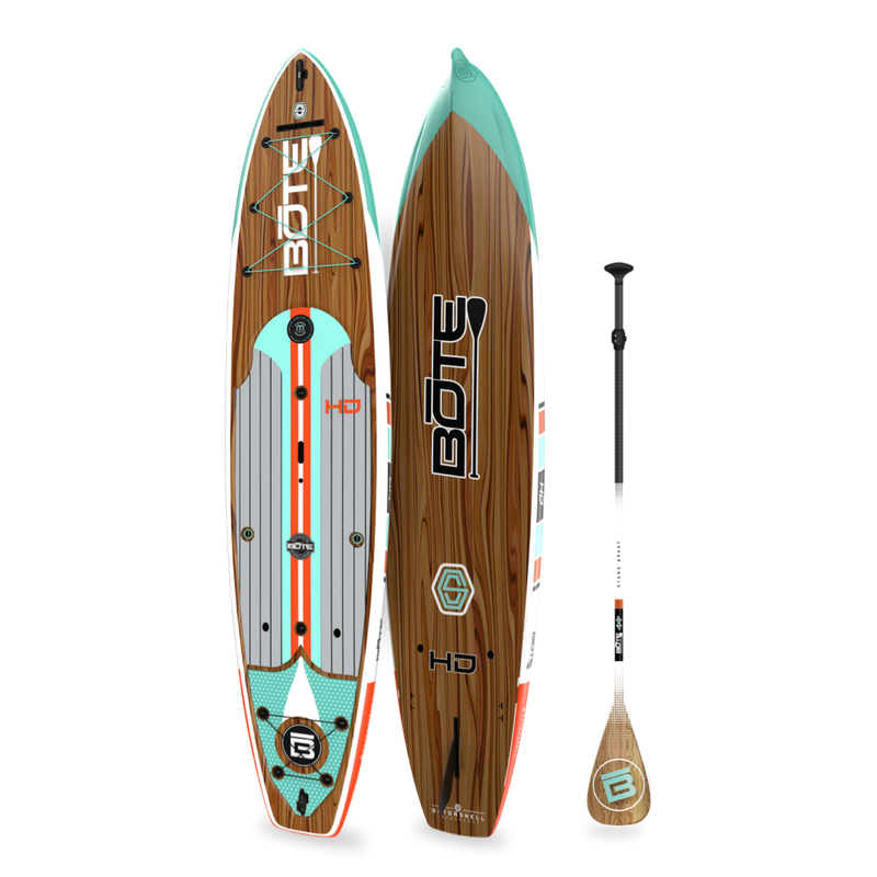 Angled top and bottom view of the HD 12′ Classic Mangrove Paddle Board with paddle