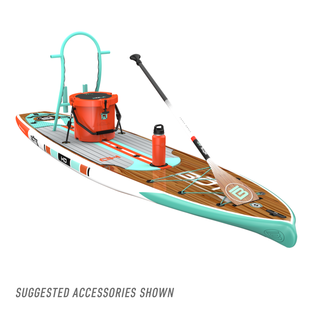 Front view of the HD 12′ Classic Mangrove Paddle Board with accessories