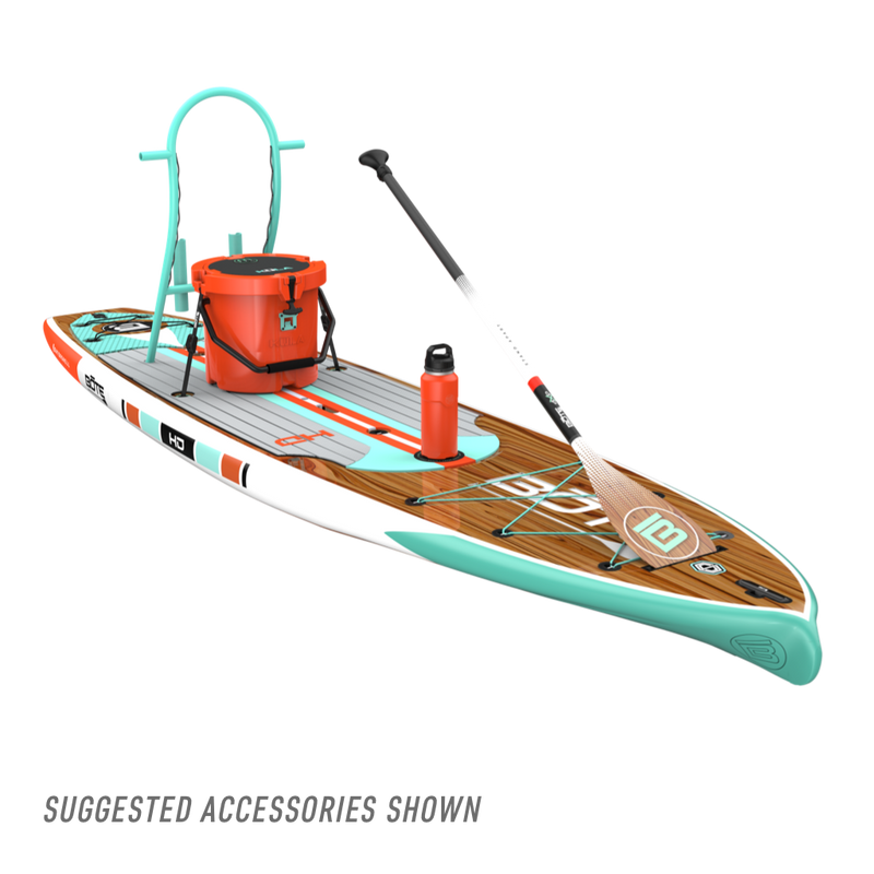 Front view of the HD 12′ Classic Mangrove Paddle Board with accessories