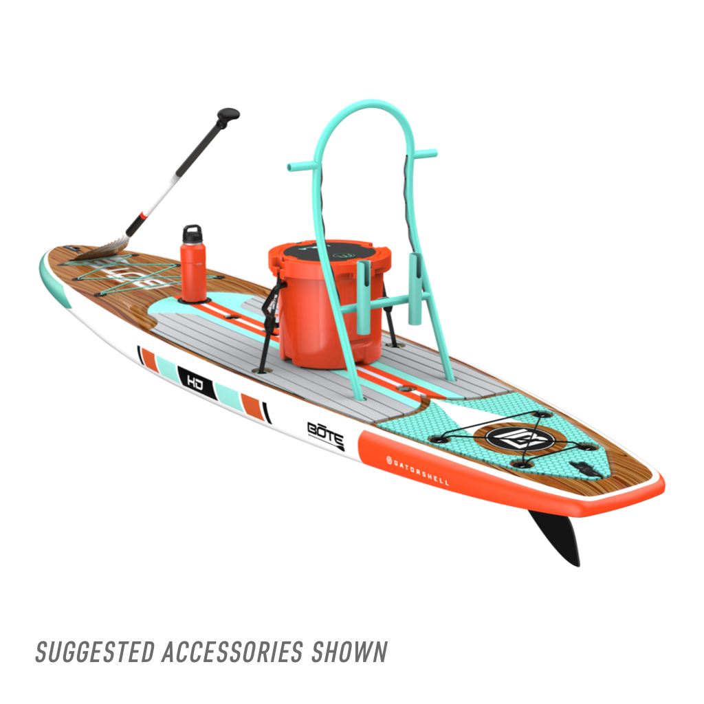 Rear view of the HD 12′ Classic Mangrove Paddle Board with accessories