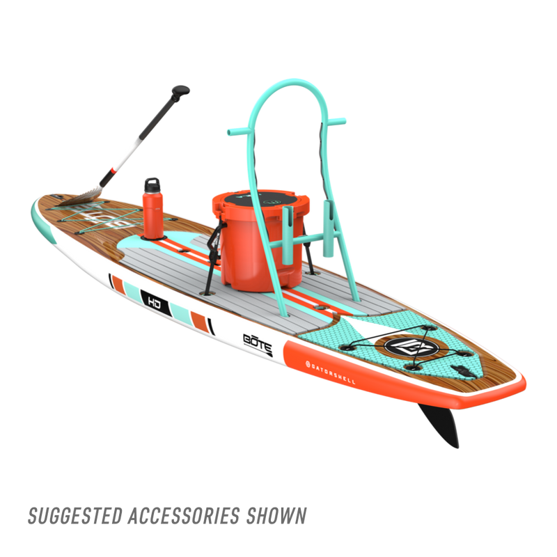 Rear view of the HD 12′ Classic Mangrove Paddle Board with accessories