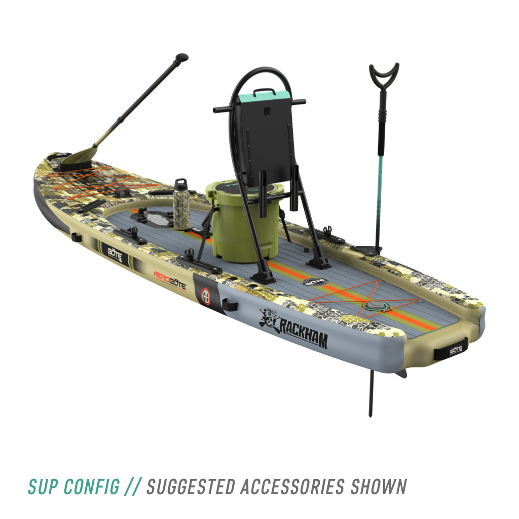 Rear angled view of the Rackham Aero 12′4″ Verge Camo Inflatable Paddle Board in SUP configuration