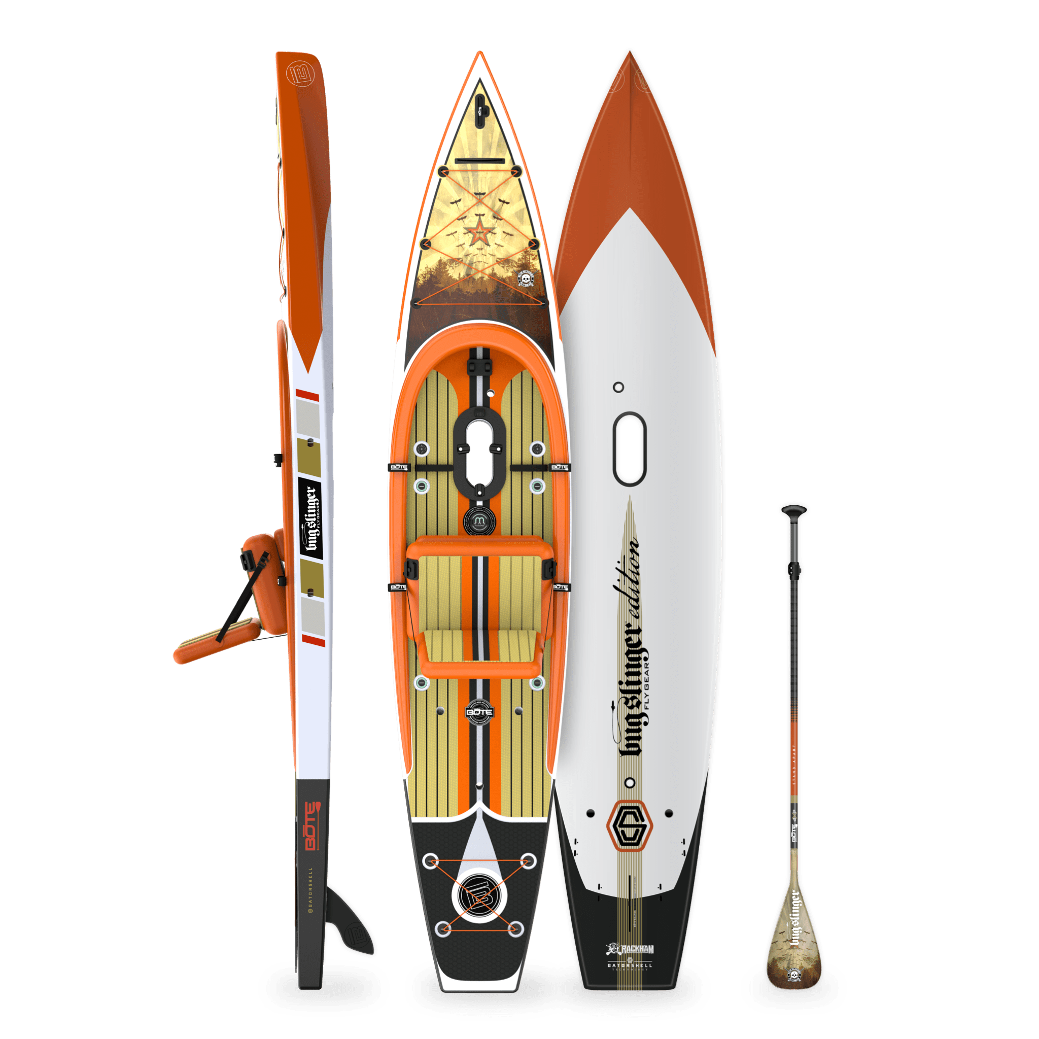 Top, side, and bottom view of the Rackham 14′ Bug Slinger™ Backwater Paddle Board