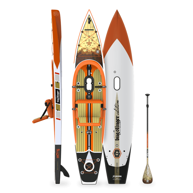 Top, side, and bottom view of the Rackham 14′ Bug Slinger™ Backwater Paddle Board