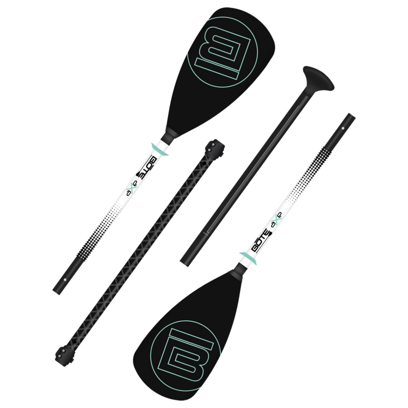 Angled view of the 4-Piece Hybrid Adjustable Aluminum Paddle Black in its four component parts